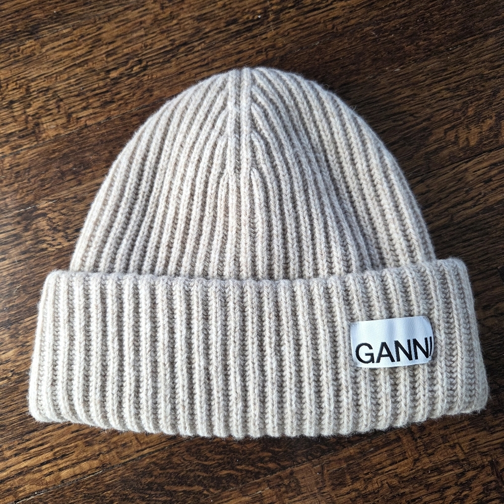 GANNI Ribbed Knit Beanie in Brazilian Sand